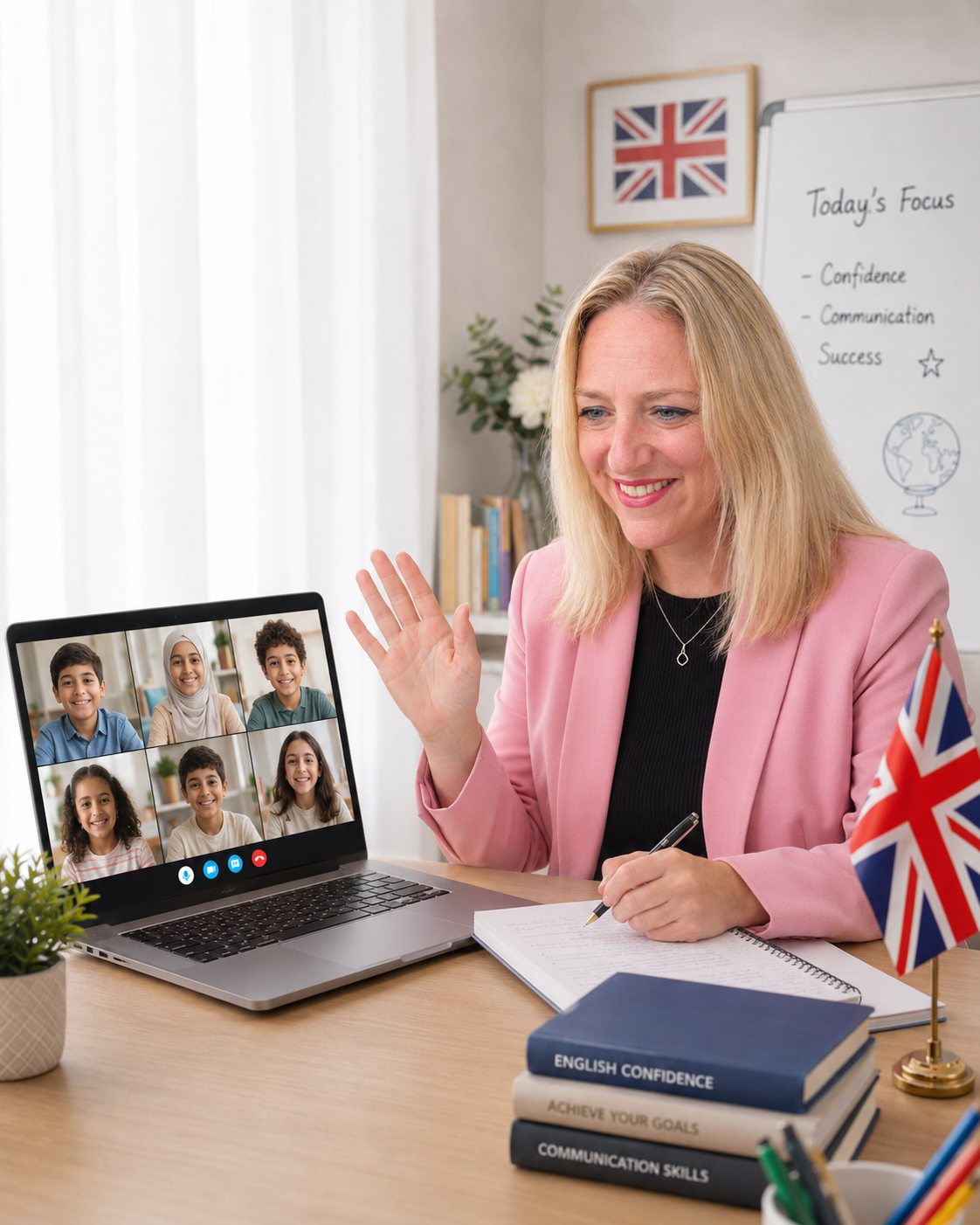 Teacher in a pink blazer conducts a virtual class with students on a laptop screen; Union Jack flag on desk and whiteboard in background.